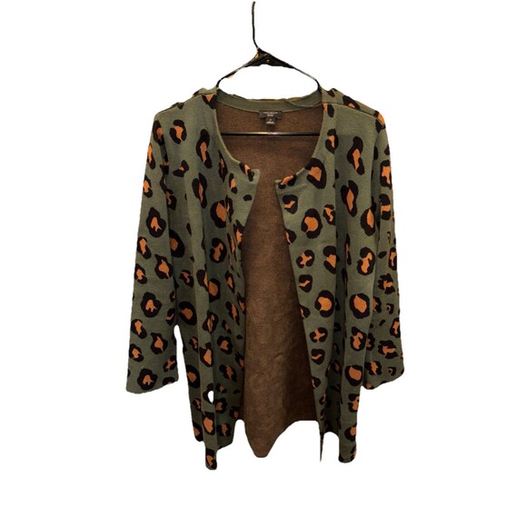 Ann Taylor Open Front Cardigan Green Cheetah Print LP Petite Long Sleeve Stretch - Picture 11 of 12
